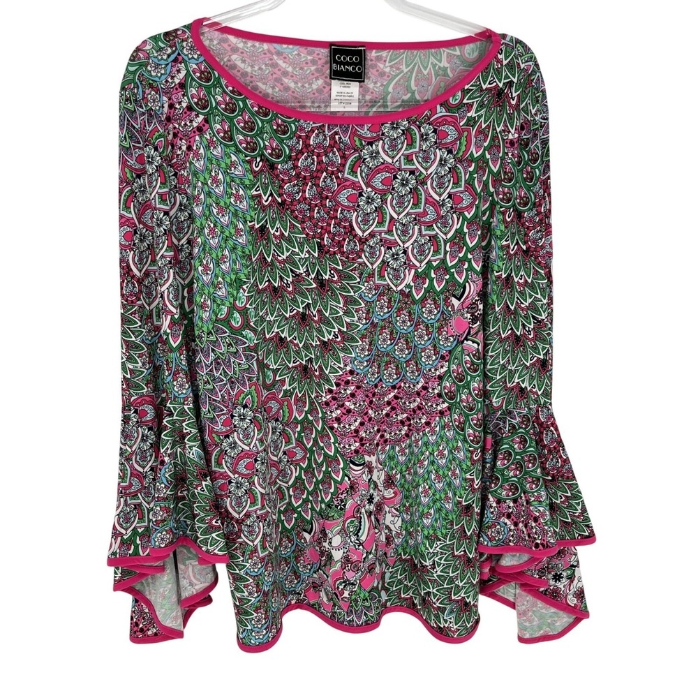 Coco Bianco Bell Sleeve Blouse Pink Green Paisley Floral Stretch Top L Boho